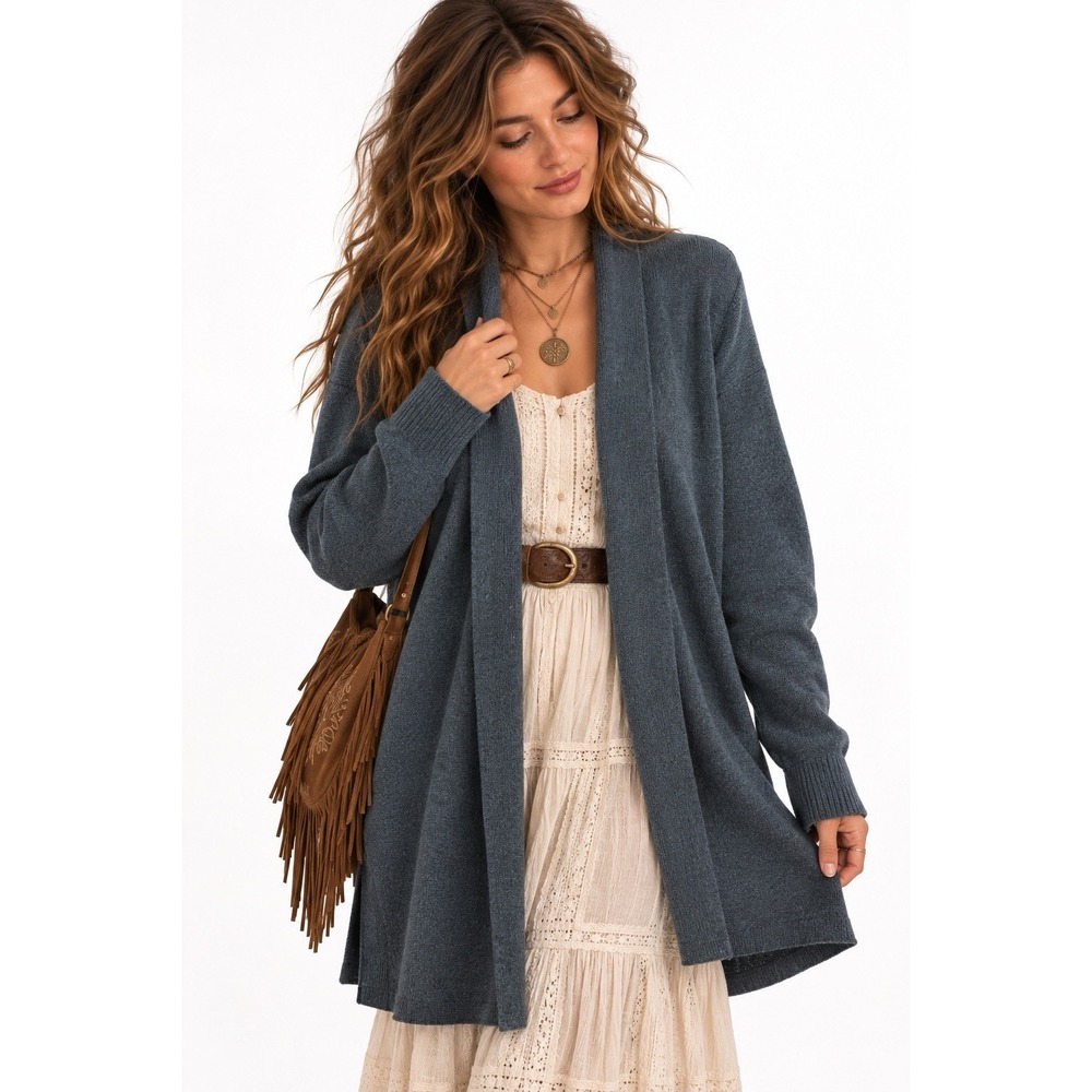Eileen Fisher 100% Merino Wool Long Cardigan Sweater S Blue Boho Cottagecore